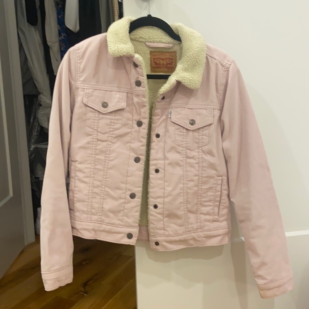 Levi’s pink corduroy jacket, fur on inside